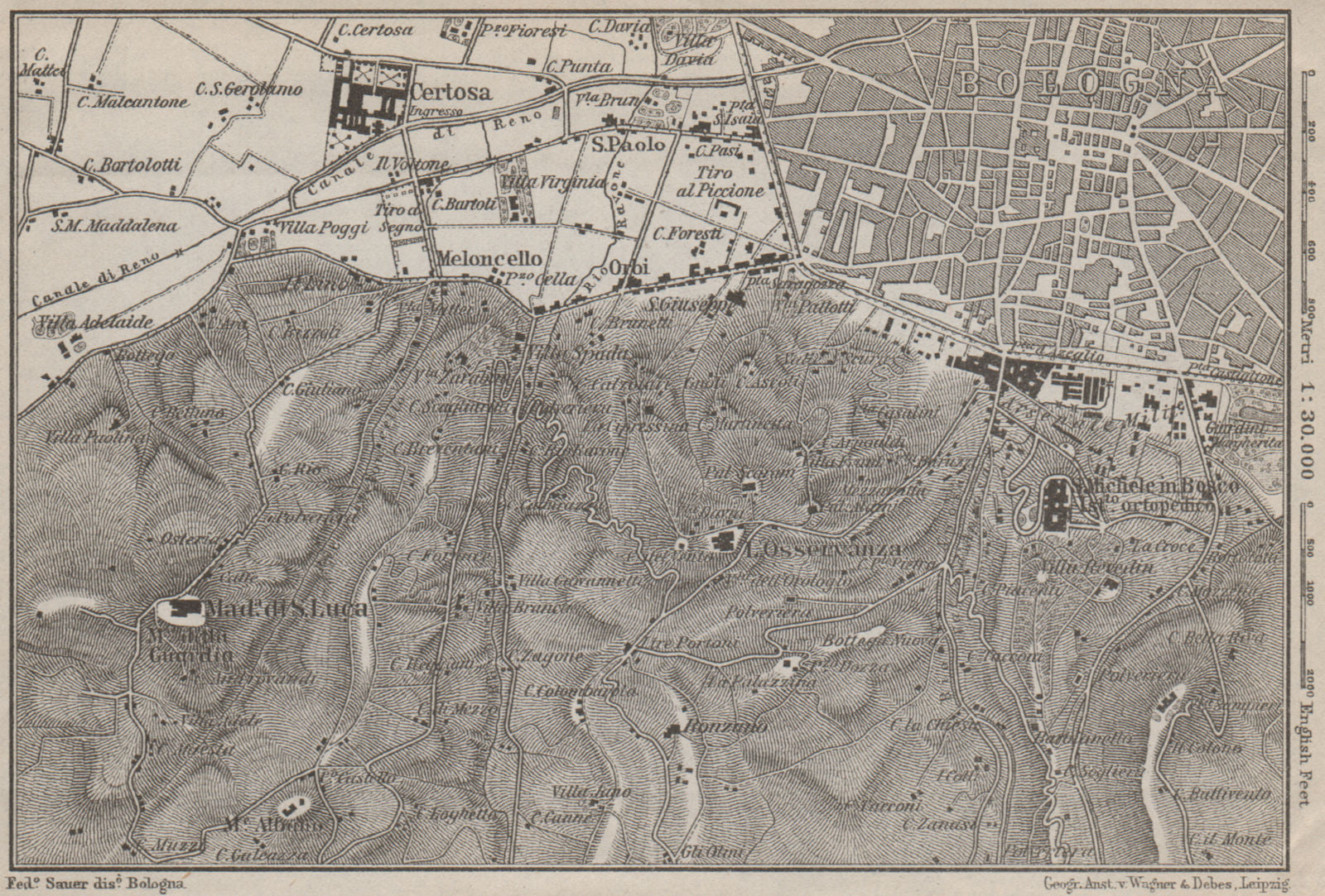 BOLOGNA environs. Certosa. Madonna di San Luca. Santo Michele in Bosco 1909 map